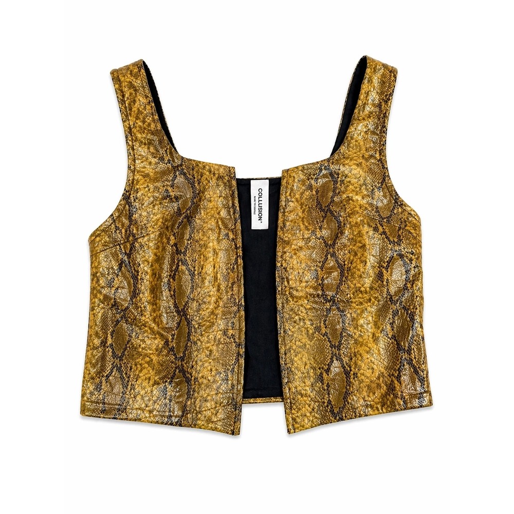 Collusion Faux Leather‎ Vest Women Size 8 Yellow Snakeskin Print Open Front